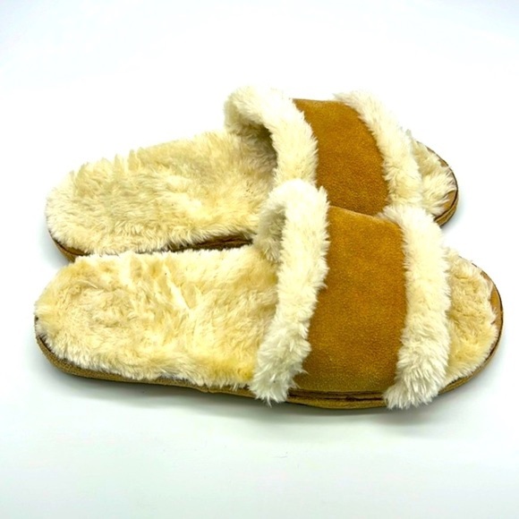 Minnetonka - Sunflower Tan Suede Leather Faux Fur Comfortable Slipper Slide SZ 9 - Picture 1 of 15
